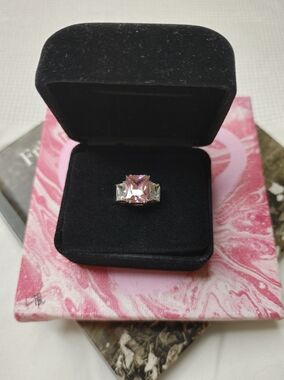 Silver plated Pink & White Cubic Zirconia Trilogy Ring Sz 5.5